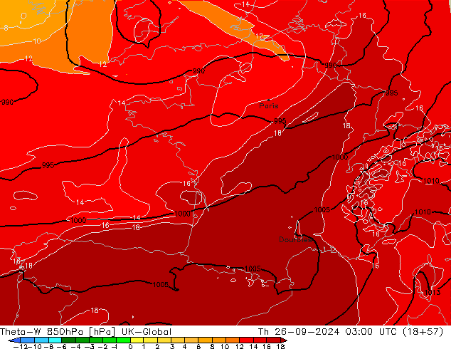 Theta-W 850hPa UK-Global Th 26.09.2024 03 UTC