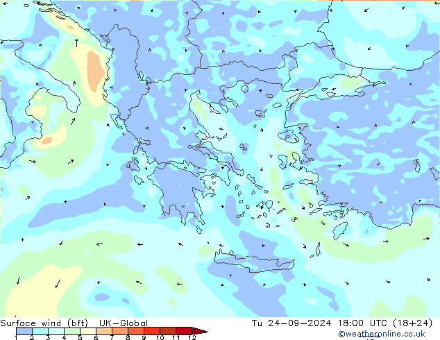 Surface wind (bft) UK-Global Tu 24.09.2024 18 UTC