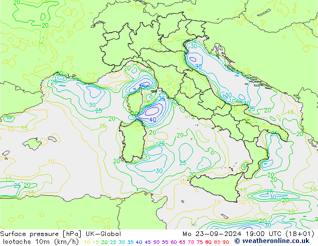 Isotachs (kph) UK-Global Mo 23.09.2024 19 UTC