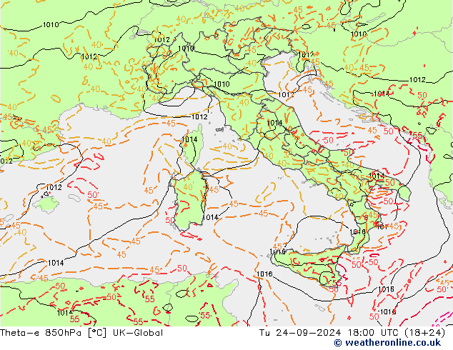 Theta-e 850hPa UK-Global Tu 24.09.2024 18 UTC