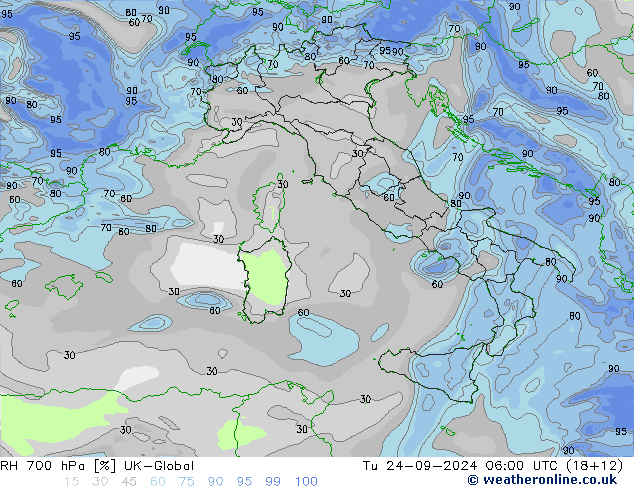 Humedad rel. 700hPa UK-Global mar 24.09.2024 06 UTC