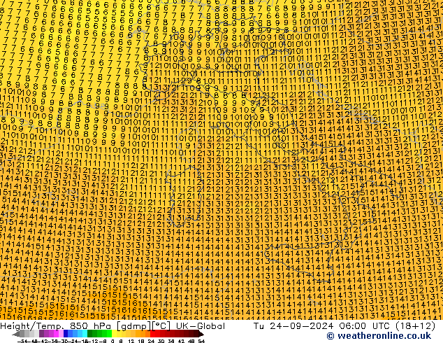 Height/Temp. 850 hPa UK-Global Tu 24.09.2024 06 UTC