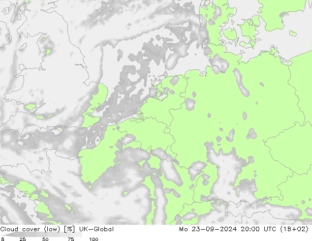 Cloud cover (low) UK-Global Mo 23.09.2024 20 UTC