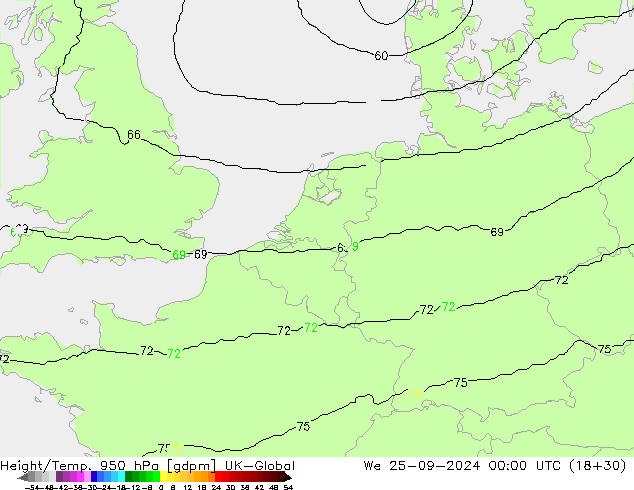 Height/Temp. 950 hPa UK-Global mer 25.09.2024 00 UTC