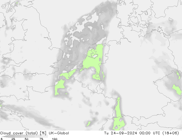 Cloud cover (total) UK-Global Út 24.09.2024 00 UTC