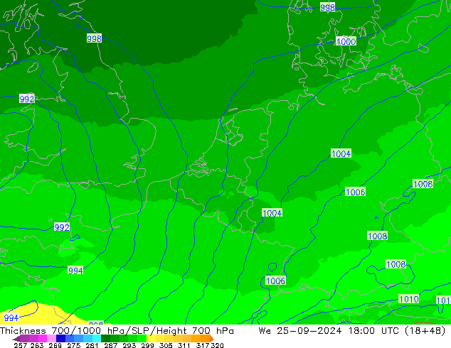 Thck 700-1000 hPa UK-Global mer 25.09.2024 18 UTC