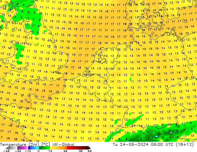 Temperature (2m) UK-Global Út 24.09.2024 06 UTC