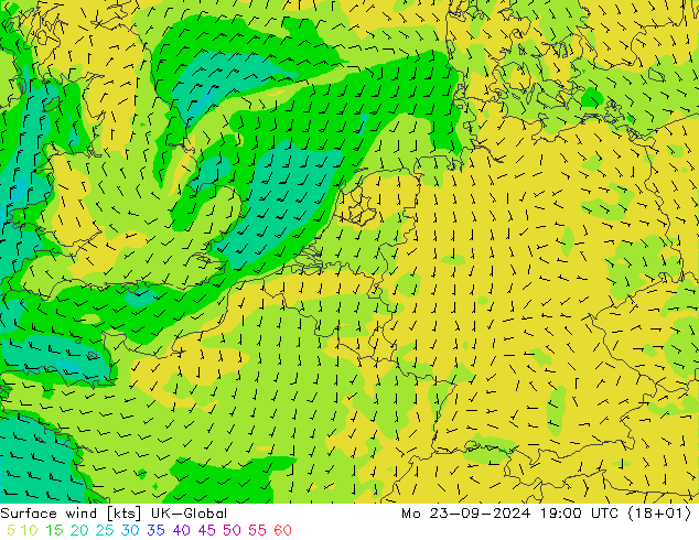 Surface wind UK-Global Mo 23.09.2024 19 UTC