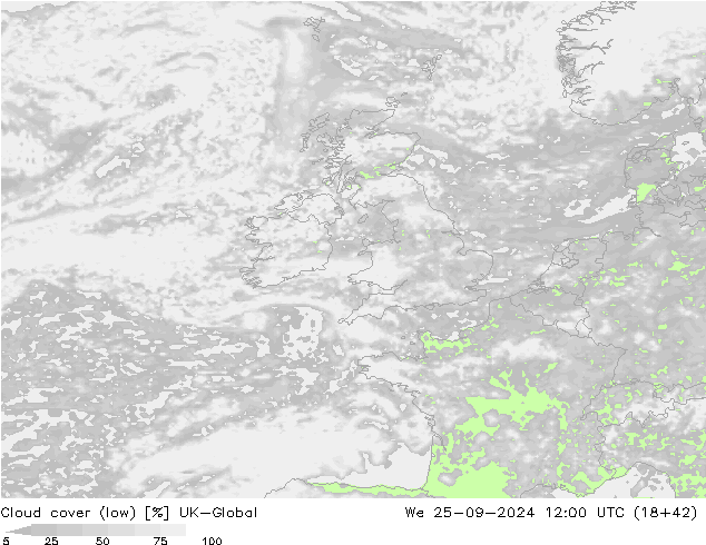 Cloud cover (low) UK-Global We 25.09.2024 12 UTC