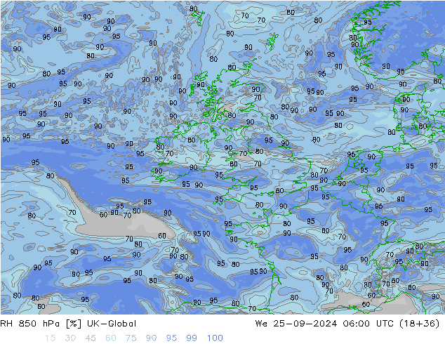 RH 850 гПа UK-Global ср 25.09.2024 06 UTC