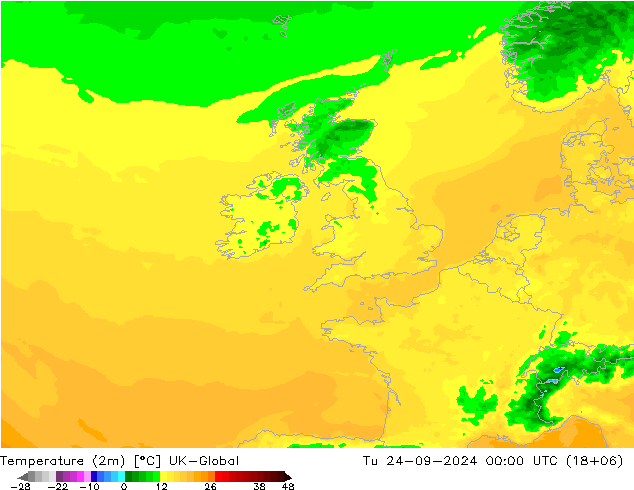 Sıcaklık Haritası (2m) UK-Global Sa 24.09.2024 00 UTC