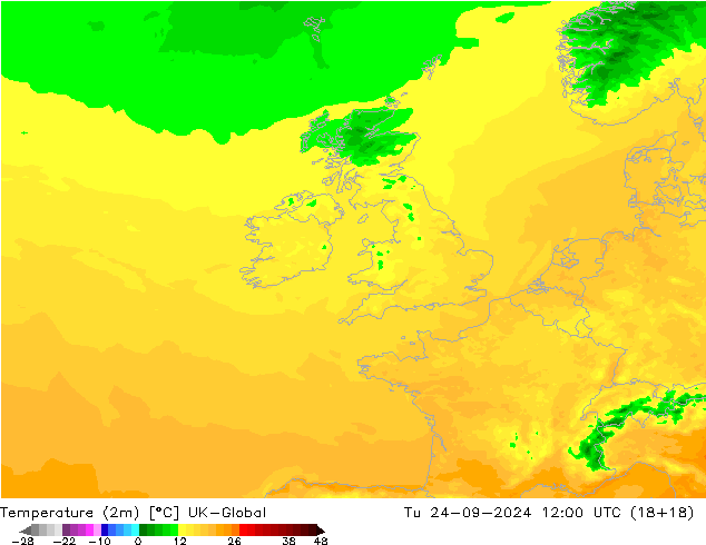 Temperatuurkaart (2m) UK-Global di 24.09.2024 12 UTC