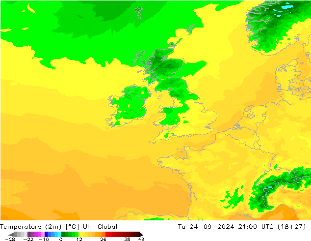 Temperatuurkaart (2m) UK-Global di 24.09.2024 21 UTC