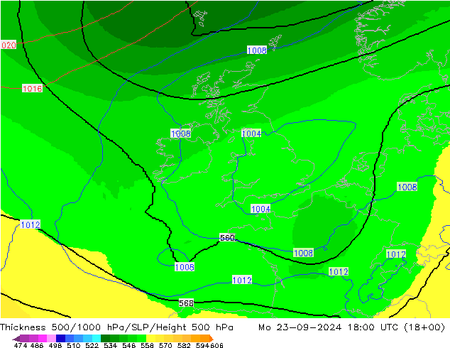 Thck 500-1000hPa UK-Global Mo 23.09.2024 18 UTC