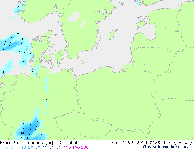 Précipitation accum. UK-Global lun 23.09.2024 21 UTC