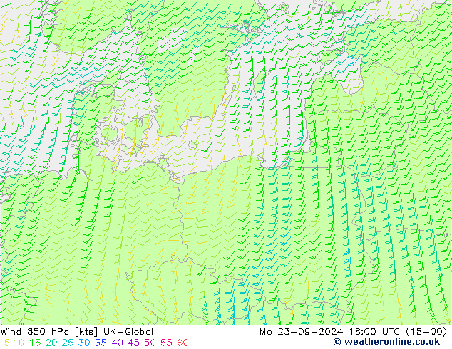 Vento 850 hPa UK-Global lun 23.09.2024 18 UTC