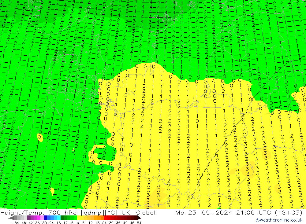 Hoogte/Temp. 700 hPa UK-Global ma 23.09.2024 21 UTC