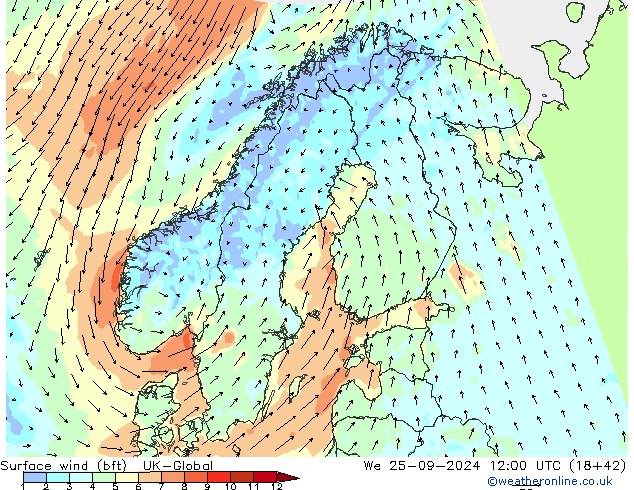 Surface wind (bft) UK-Global We 25.09.2024 12 UTC