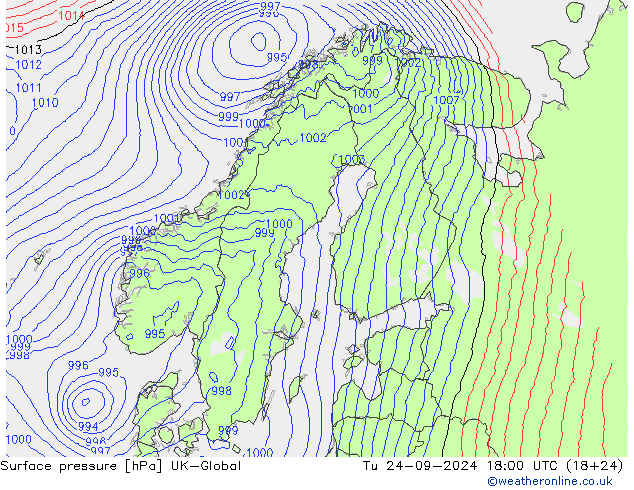 Surface pressure UK-Global Tu 24.09.2024 18 UTC