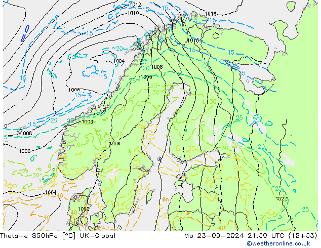 Theta-e 850hPa UK-Global  23.09.2024 21 UTC