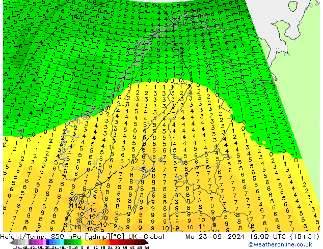 Height/Temp. 850 hPa UK-Global Mo 23.09.2024 19 UTC