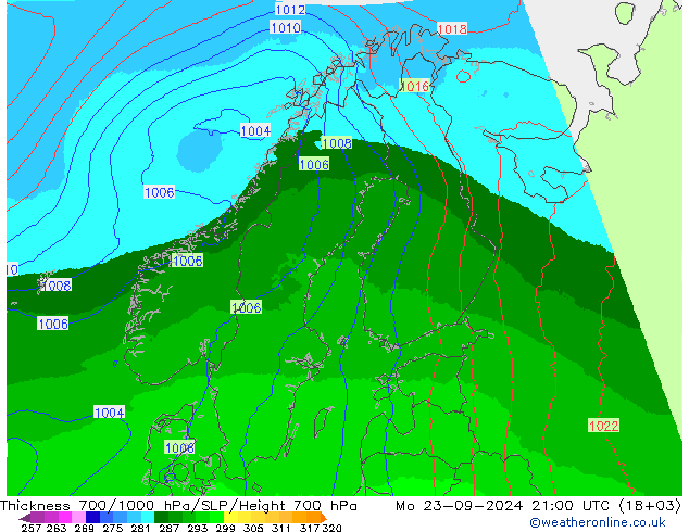 Thck 700-1000 гПа UK-Global пн 23.09.2024 21 UTC