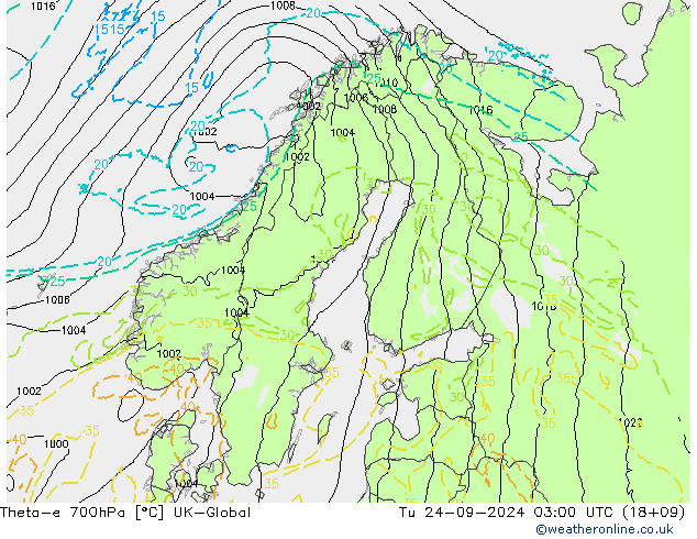 Theta-e 700hPa UK-Global Tu 24.09.2024 03 UTC