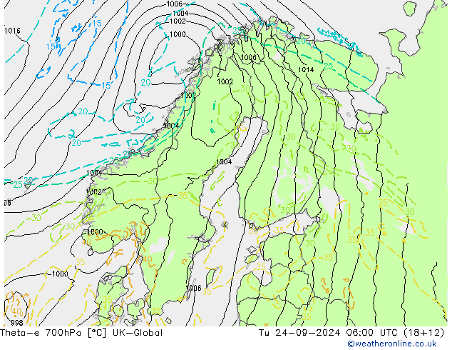 Theta-e 700hPa UK-Global di 24.09.2024 06 UTC