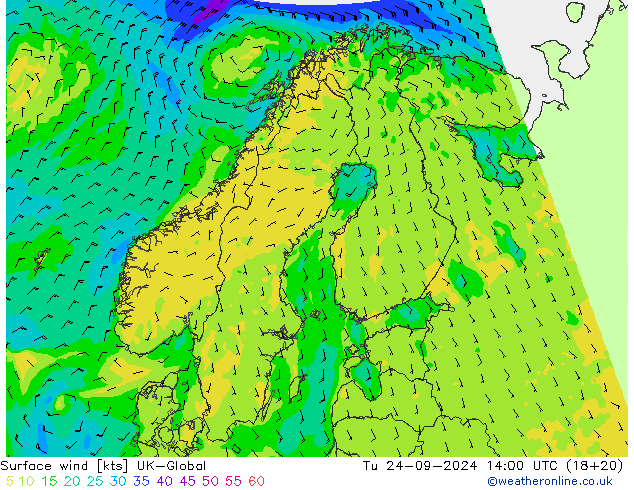 Surface wind UK-Global Út 24.09.2024 14 UTC