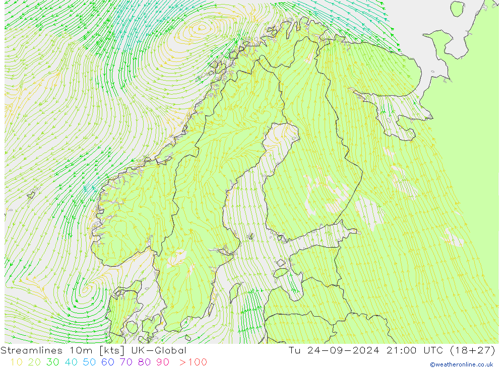 Streamlines 10m UK-Global Tu 24.09.2024 21 UTC