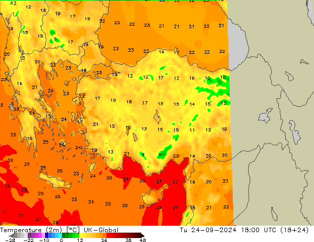 Temperature (2m) UK-Global Út 24.09.2024 18 UTC