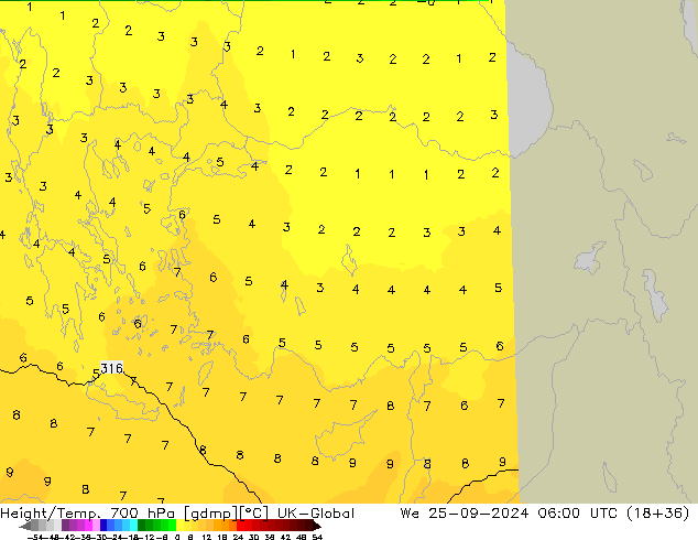 Height/Temp. 700 гПа UK-Global ср 25.09.2024 06 UTC