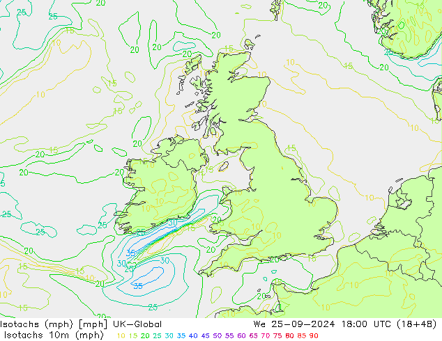 Isotachs (mph) UK-Global We 25.09.2024 18 UTC