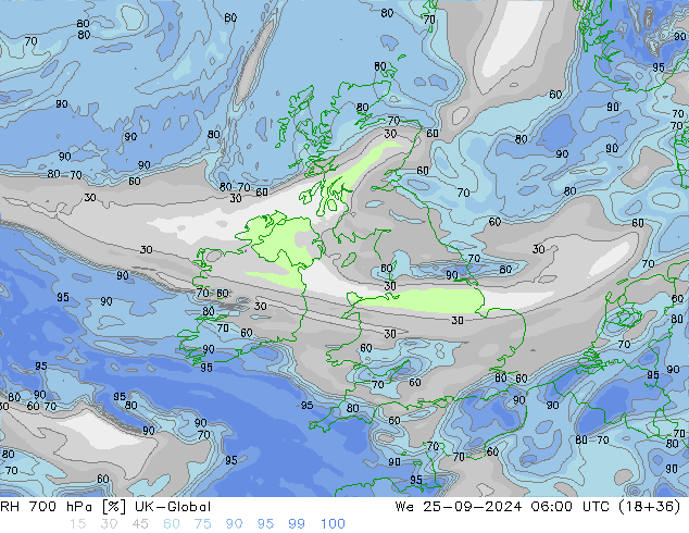 Humedad rel. 700hPa UK-Global mié 25.09.2024 06 UTC