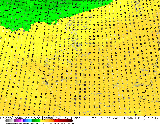 Hoogte/Temp. 850 hPa UK-Global ma 23.09.2024 19 UTC