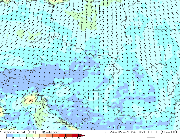 Vento 10 m (bft) UK-Global Ter 24.09.2024 18 UTC