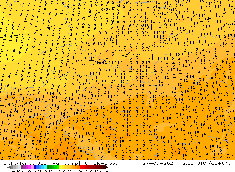 Height/Temp. 850 hPa UK-Global Fr 27.09.2024 12 UTC