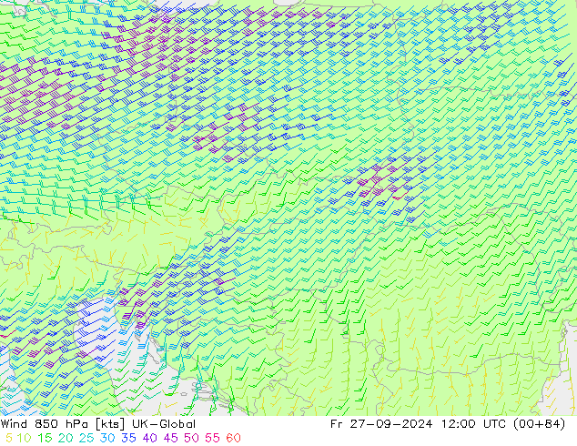 Wind 850 hPa UK-Global vr 27.09.2024 12 UTC