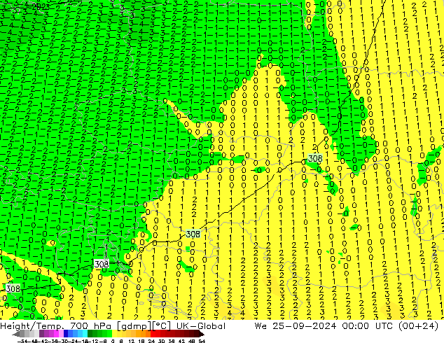 Geop./Temp. 700 hPa UK-Global mié 25.09.2024 00 UTC