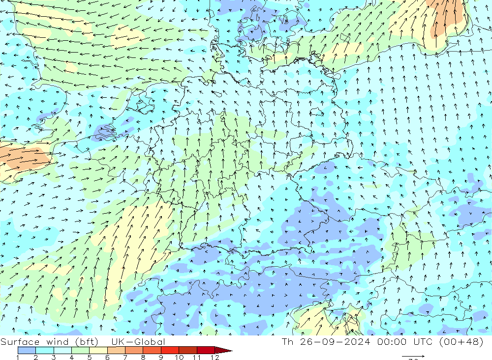 wiatr 10 m (bft) UK-Global czw. 26.09.2024 00 UTC