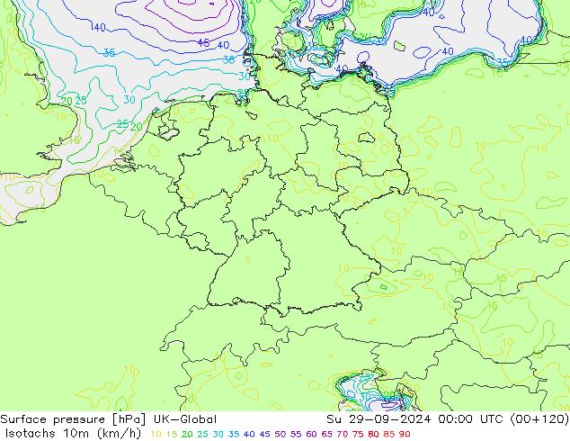 Isotachs (kph) UK-Global Su 29.09.2024 00 UTC