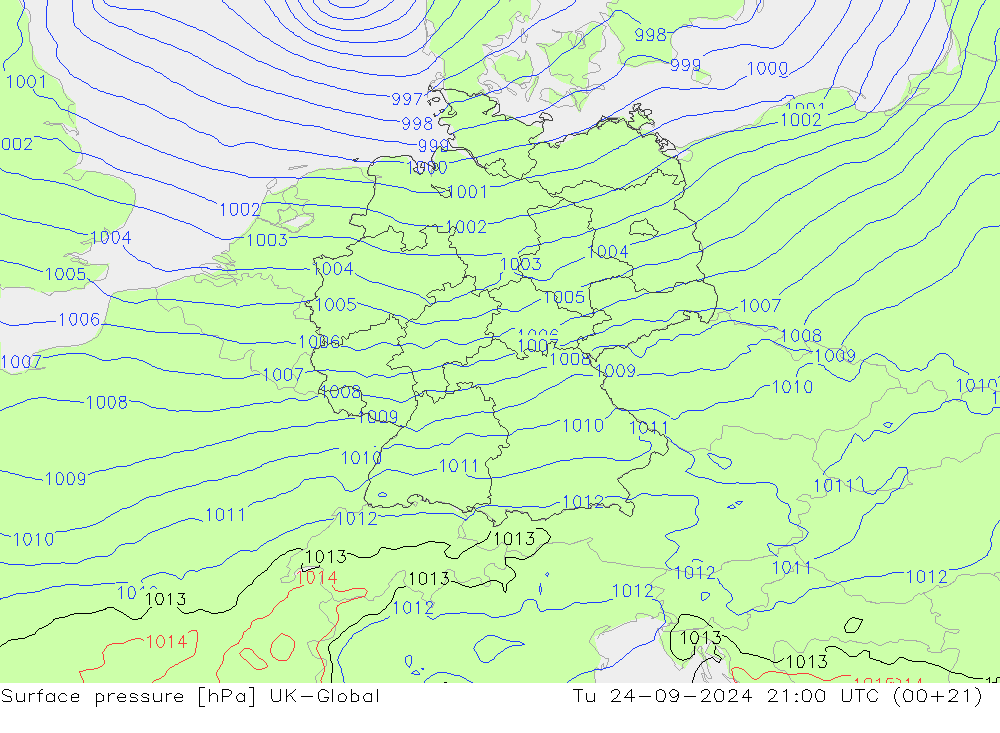 Surface pressure UK-Global Tu 24.09.2024 21 UTC