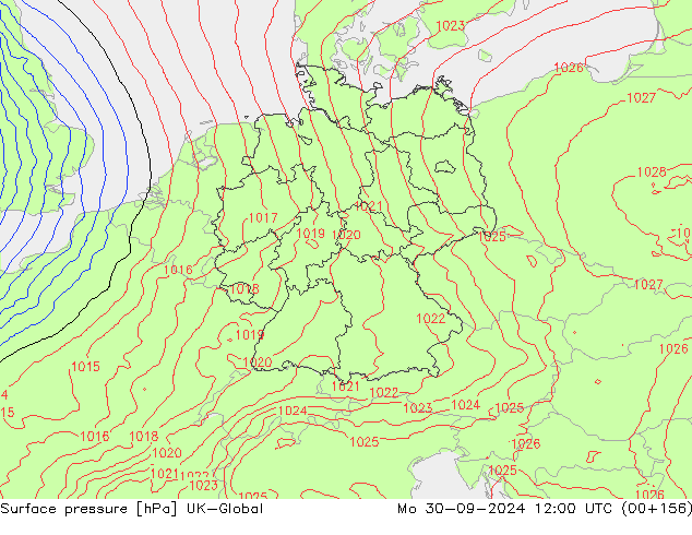 Surface pressure UK-Global Mo 30.09.2024 12 UTC