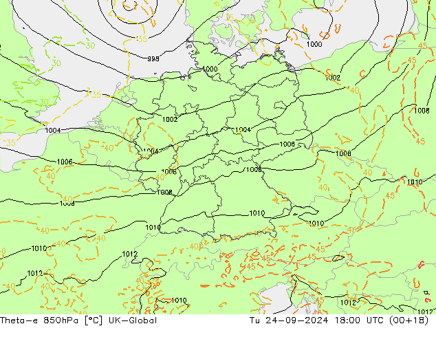 Theta-e 850hPa UK-Global di 24.09.2024 18 UTC