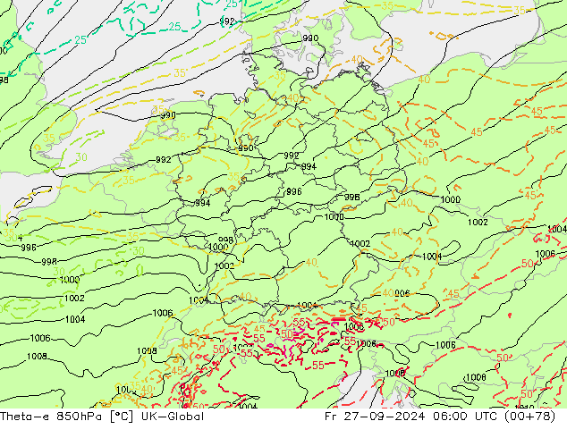 Theta-e 850hPa UK-Global ven 27.09.2024 06 UTC