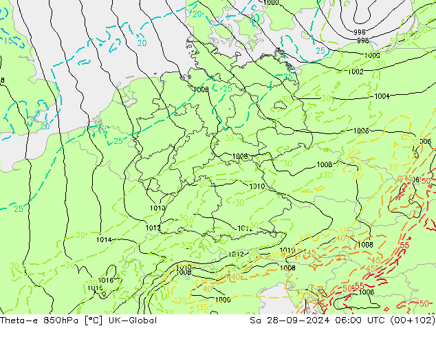 Theta-e 850hPa UK-Global sam 28.09.2024 06 UTC