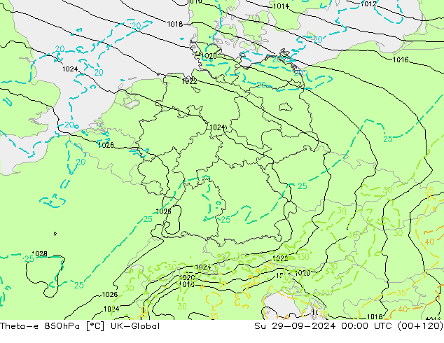 Theta-e 850hPa UK-Global nie. 29.09.2024 00 UTC