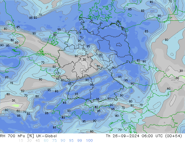 Humidité rel. 700 hPa UK-Global jeu 26.09.2024 06 UTC