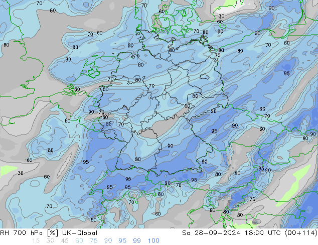 RH 700 гПа UK-Global сб 28.09.2024 18 UTC