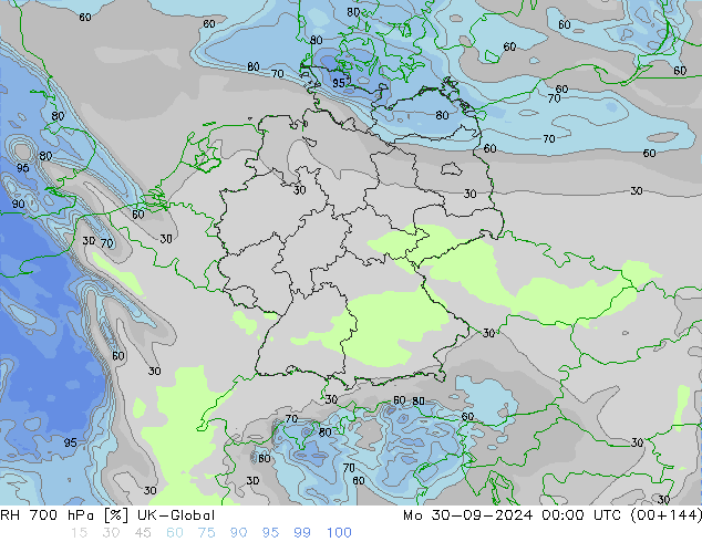 Humidité rel. 700 hPa UK-Global lun 30.09.2024 00 UTC